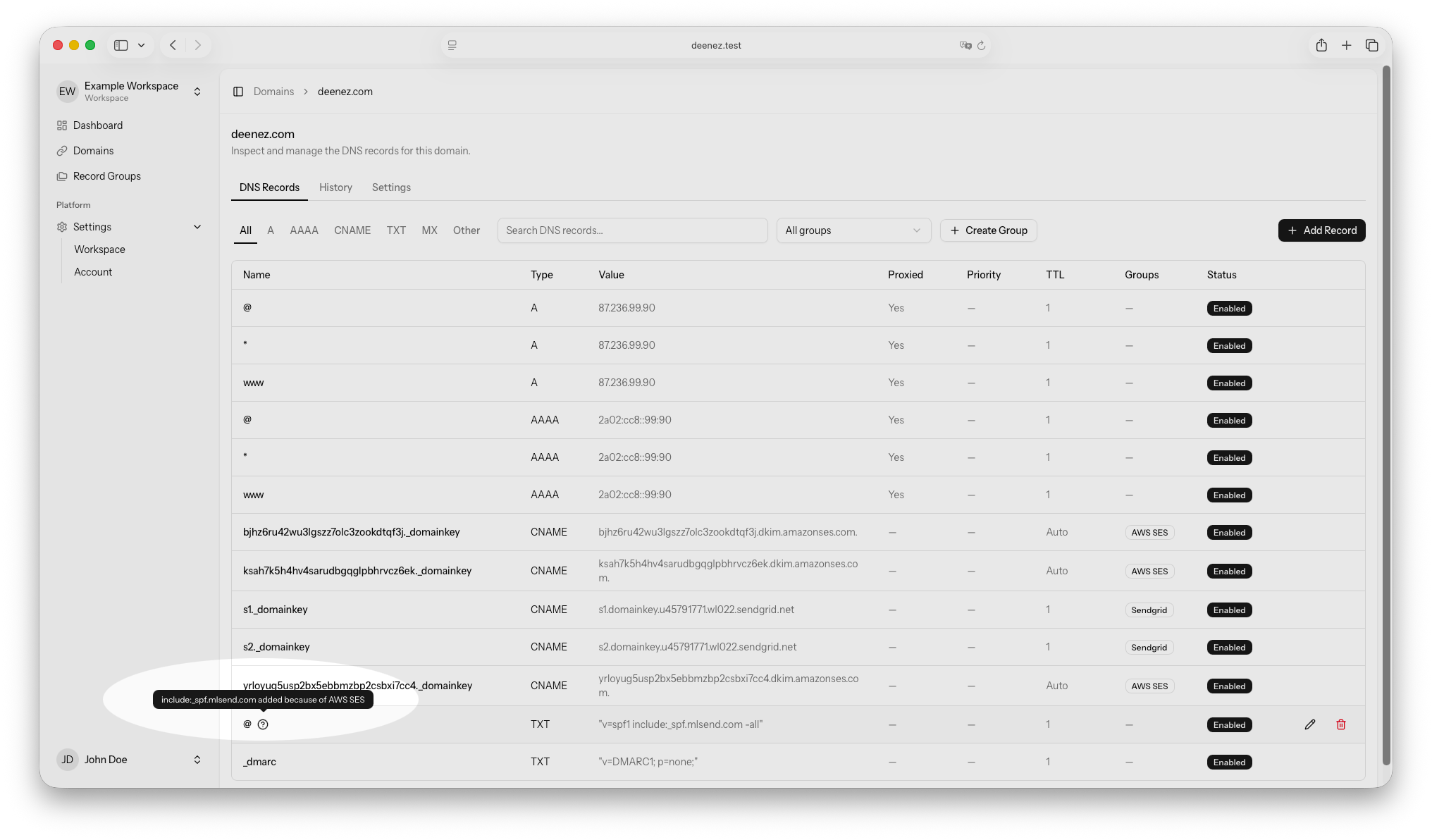Deenez interface showing comments and context attached to DNS records.