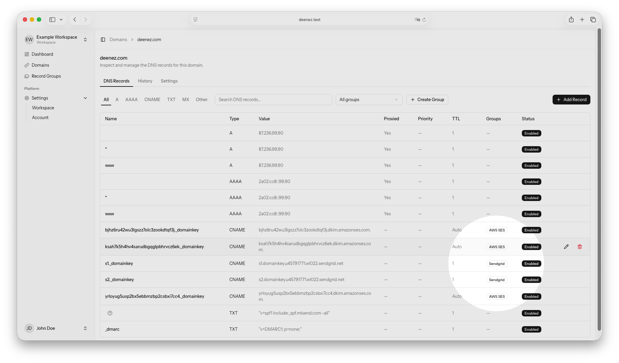 Deenez interface showing DNS records organized into record groups.