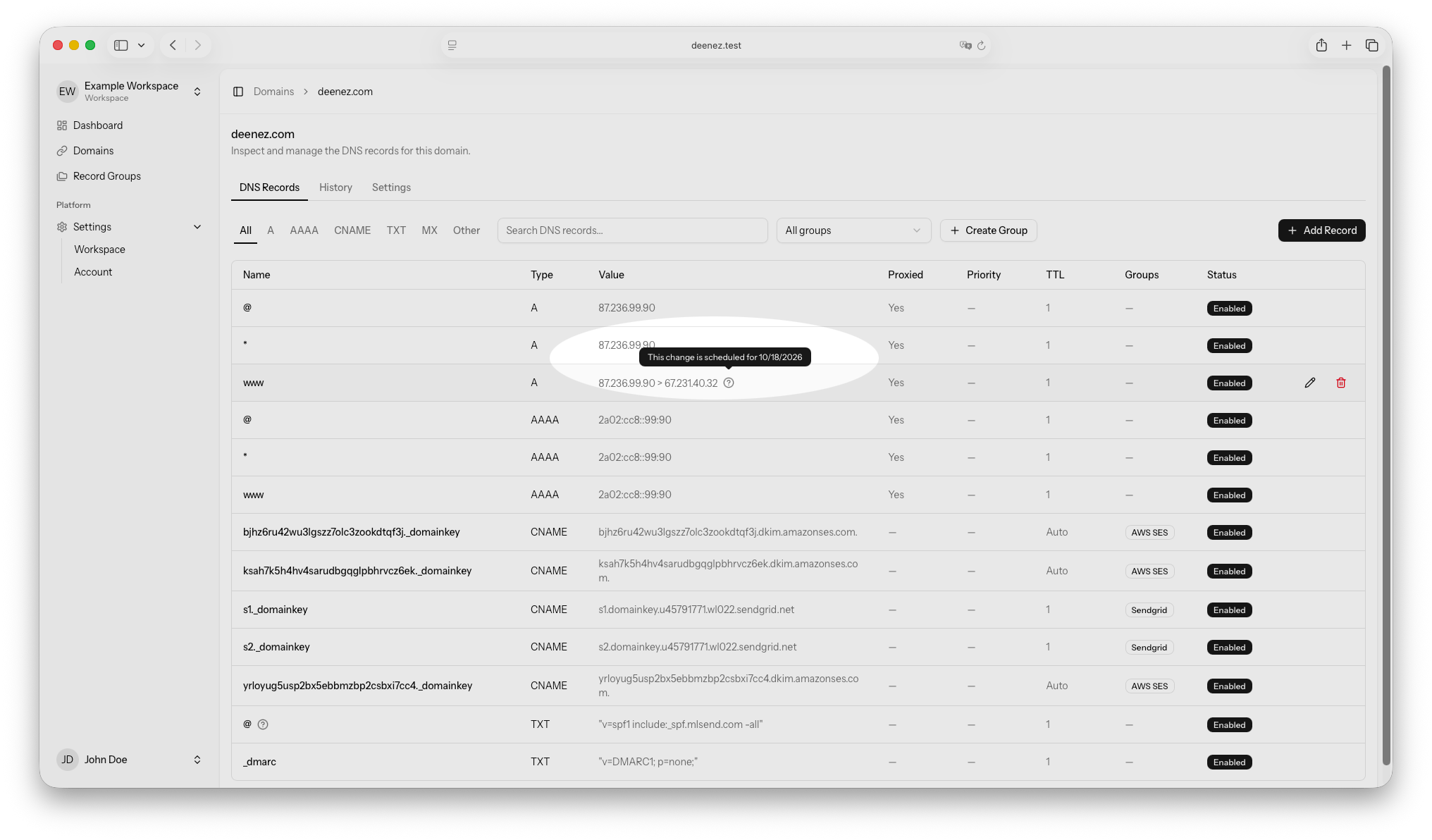 Deenez interface showing scheduled DNS changes and planned updates.