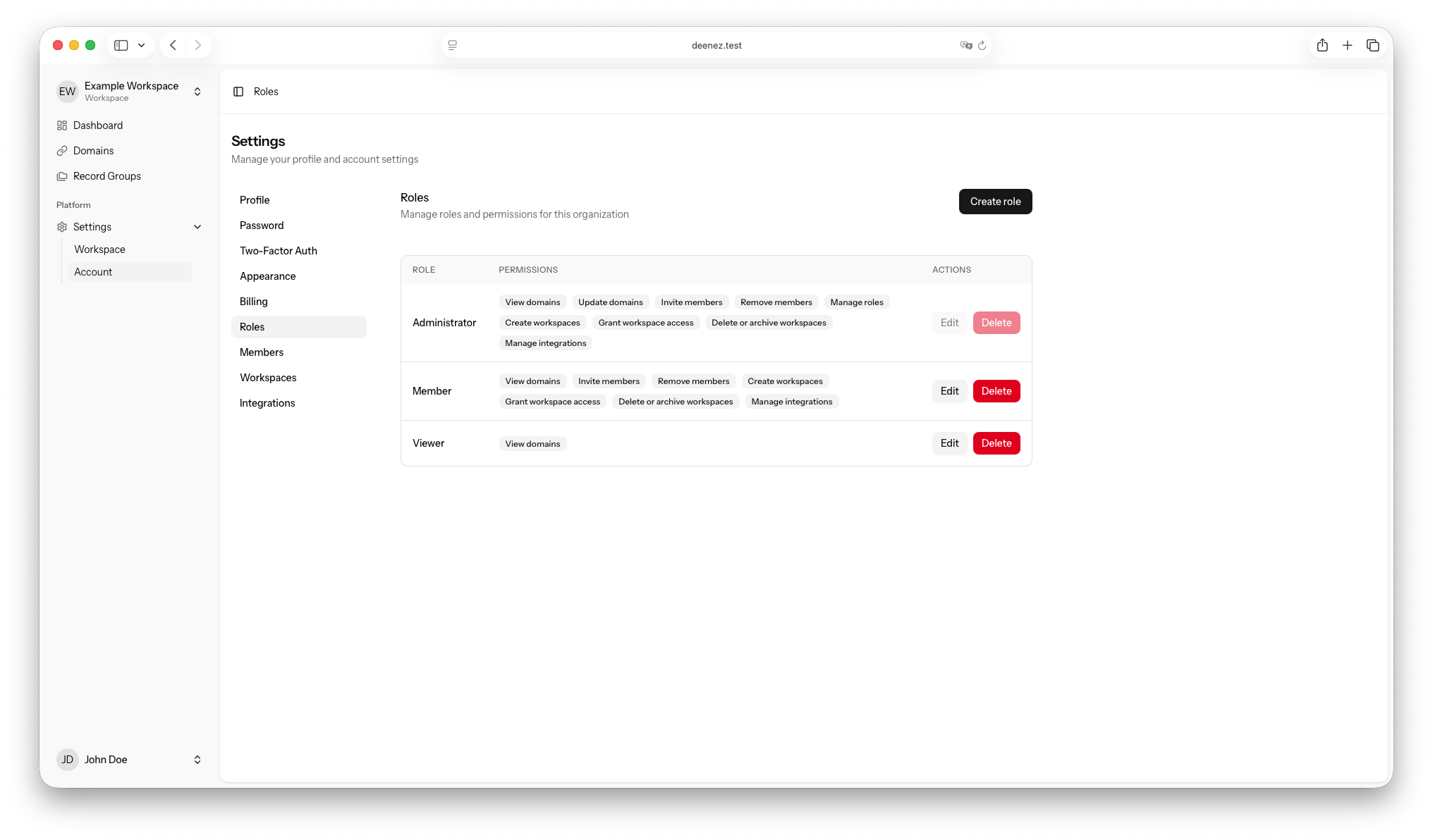 Deenez interface showing workspace members and role-based access.